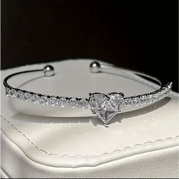Silver Rhinestone Heart Bangle Bracelet - Picture 3 of 4